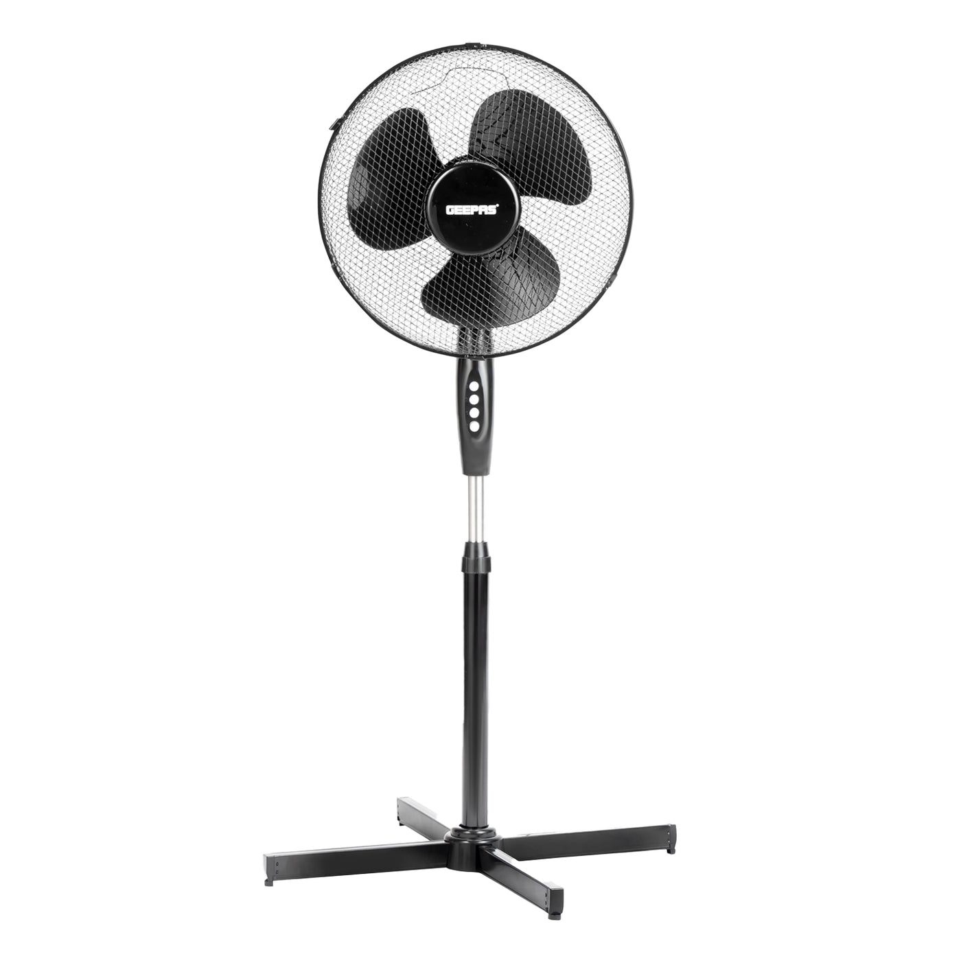 The 16 inch black pedestal fan is on a white background.