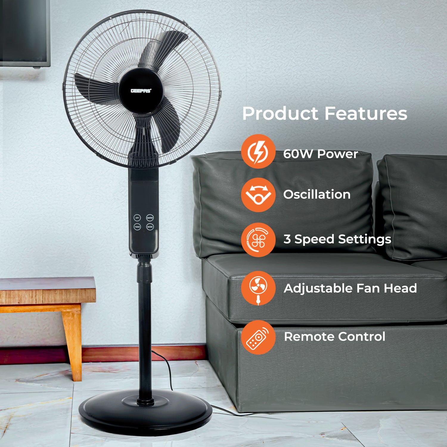 16’’ Pedestal Fan with Remote Control, 60W