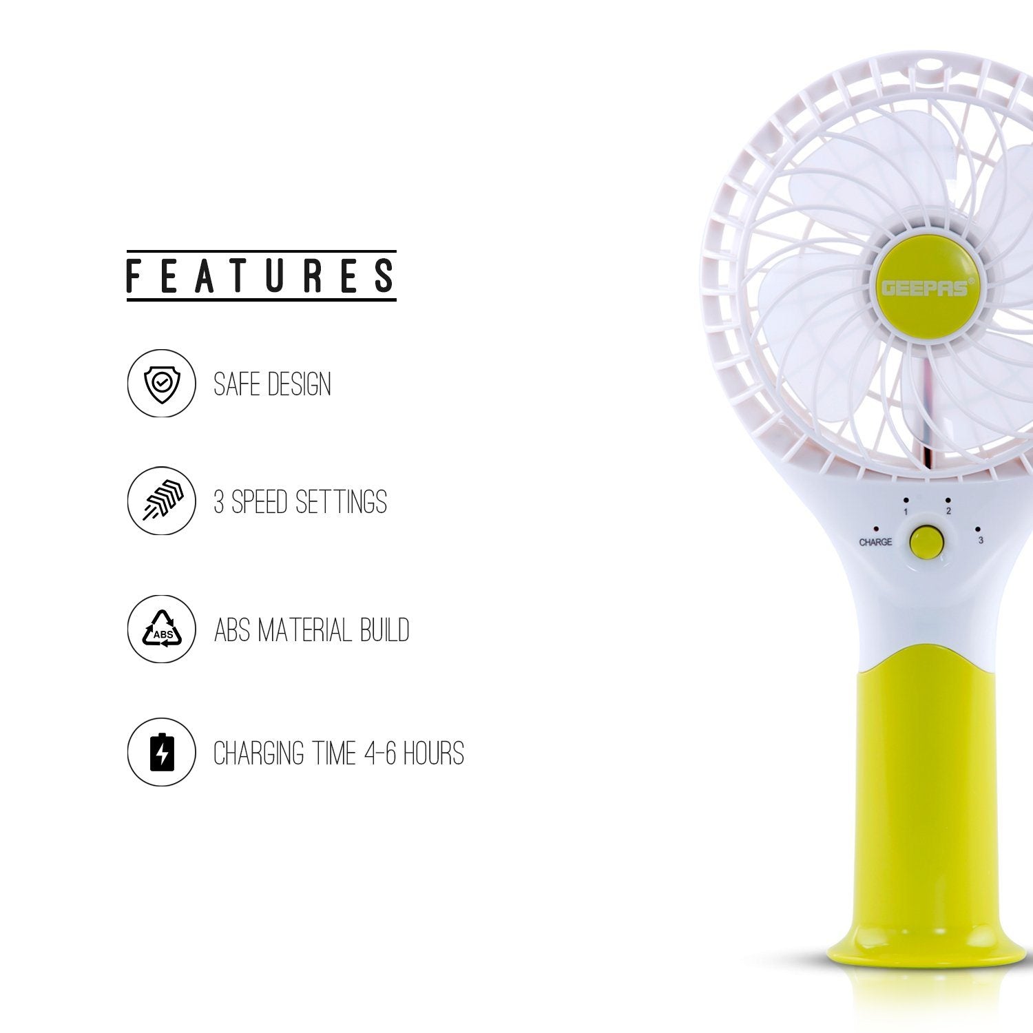 Geepas Rechargeable Mini Fan | Personal Portable Fan | Green Fan Geepas | For you. For life.