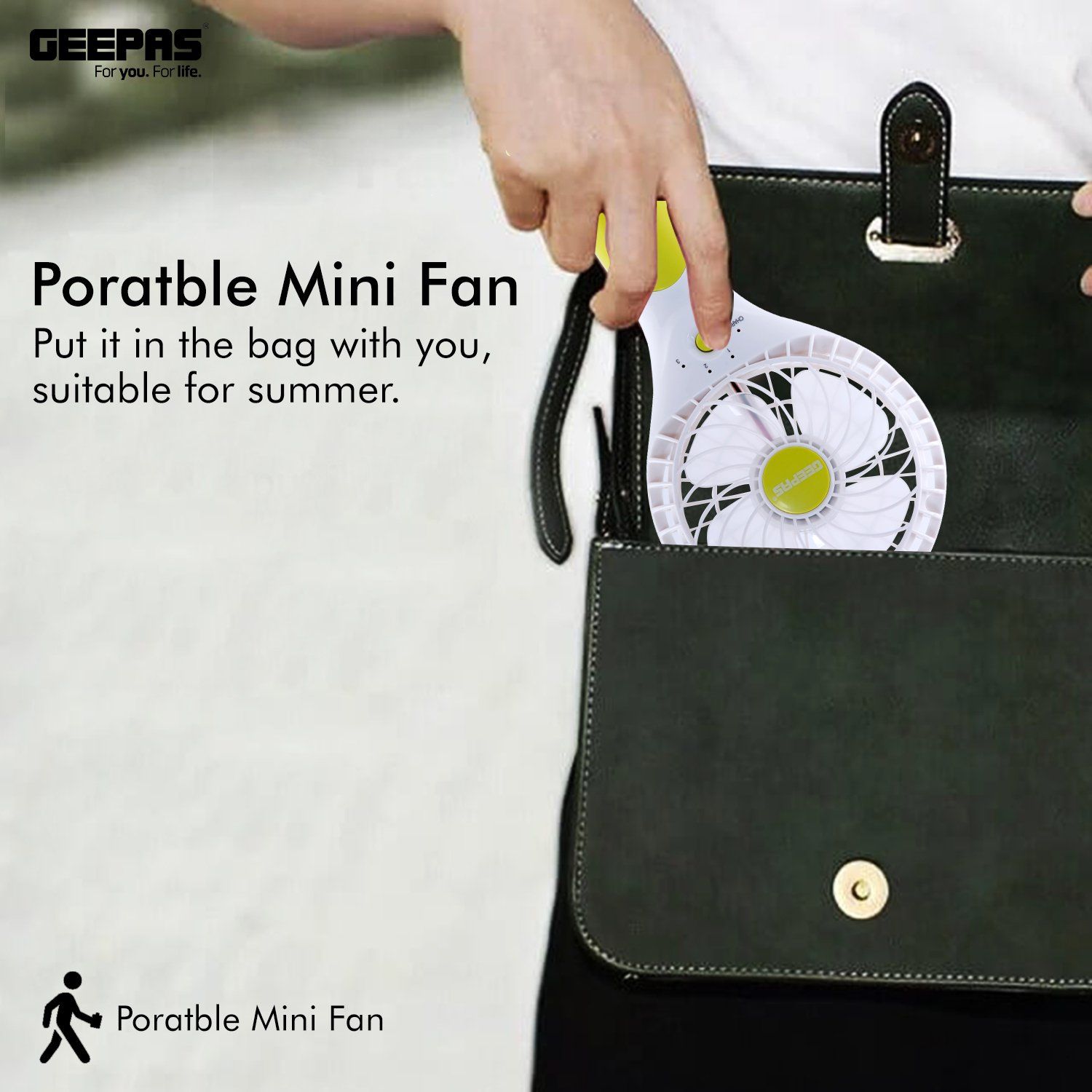 Geepas Rechargeable Mini Fan | Personal Portable Fan | Green Fan Geepas | For you. For life.