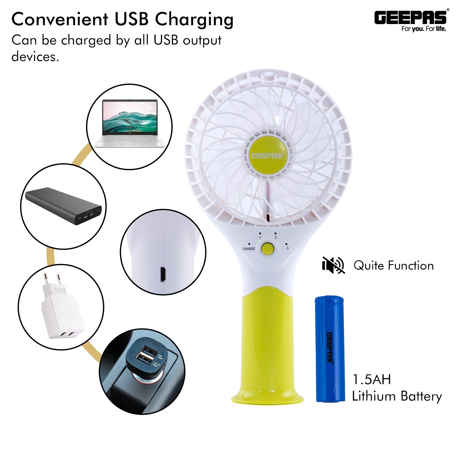 Geepas Rechargeable Mini Fan | Personal Portable Fan | Green Fan Geepas | For you. For life.