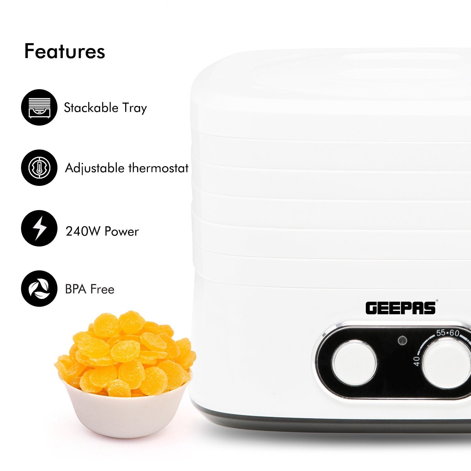 240W Food Dehydrator, BPA-Free Food Dryer with 5 Large Trays Specialty Appliances Geepas | For you. For life.