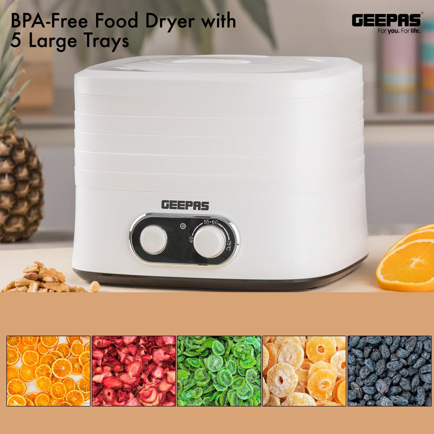 240W Food Dehydrator, BPA-Free Food Dryer with 5 Large Trays Specialty Appliances Geepas | For you. For life.