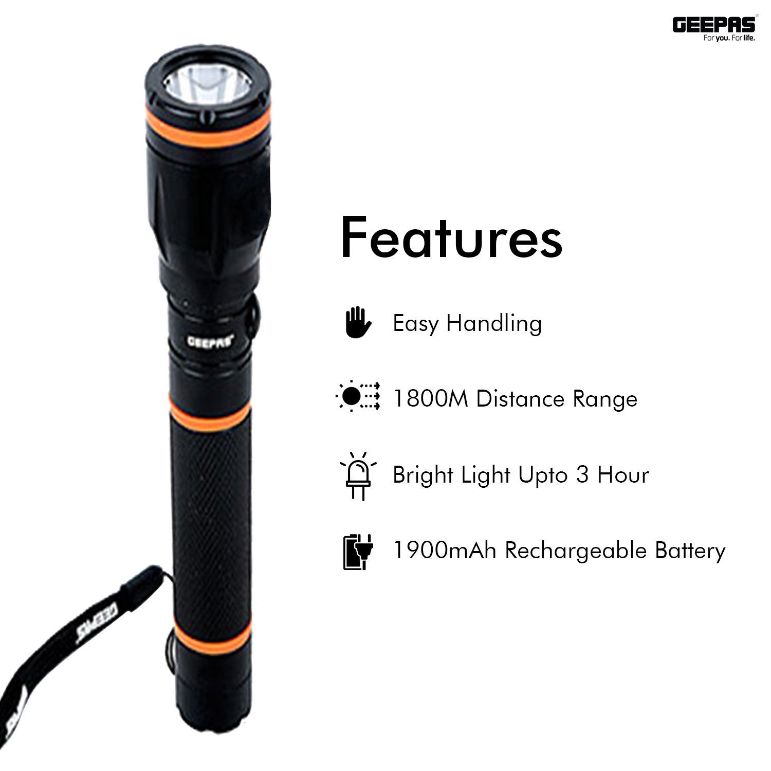 Rechargeable Waterproof LED Flashlight Lighting Geepas | For you. For life.