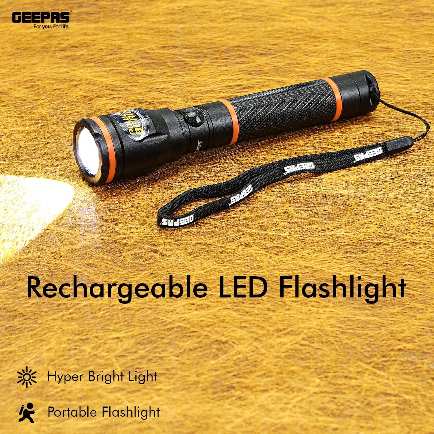Rechargeable Waterproof LED Flashlight Lighting Geepas | For you. For life.