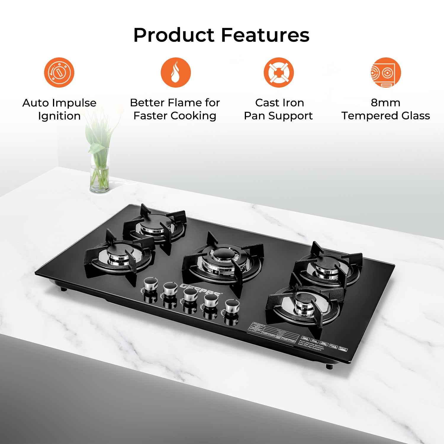 5-Burner Tempered Glass Built-In 8mm Gas Hob