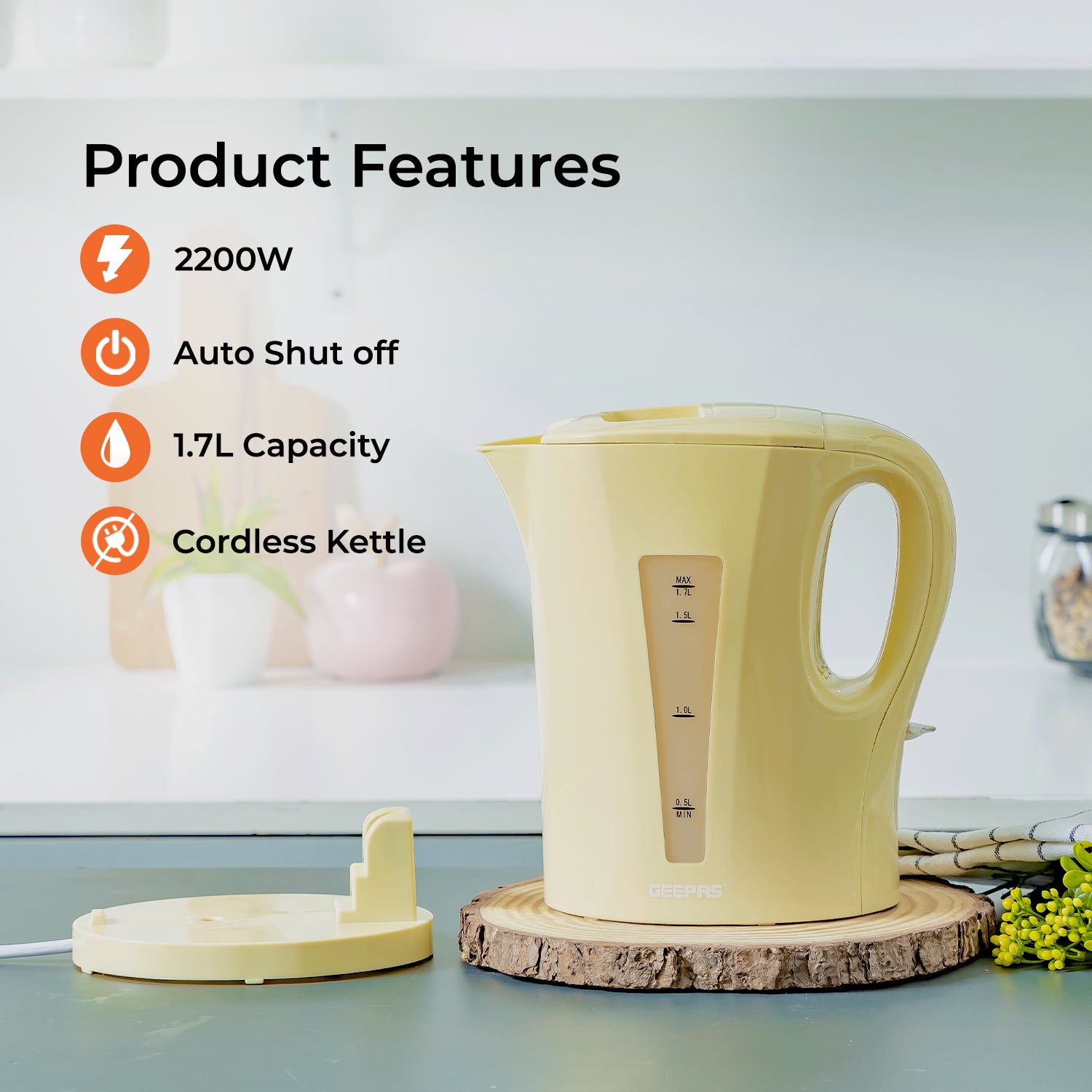 1.7L Fast-Boil Cordless Beige Electric Kettle
