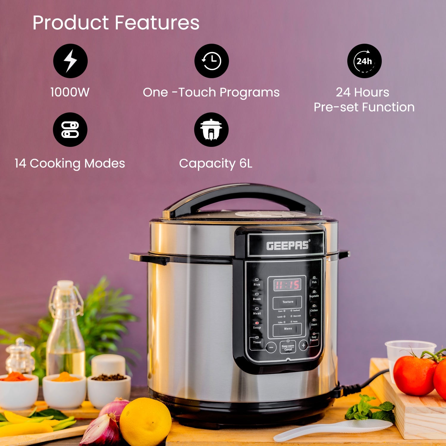 1000W Electric Multi Cooker Pressure Cooker, Steamer Multicooker Geepas | For you. For life.