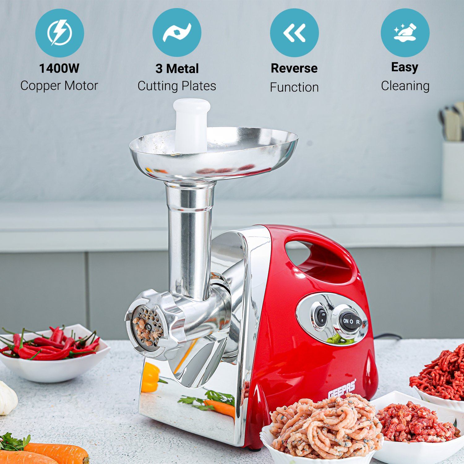 Electric Meat Grinder, 1400W, Red Meat Grinder Geepas | For you. For life.