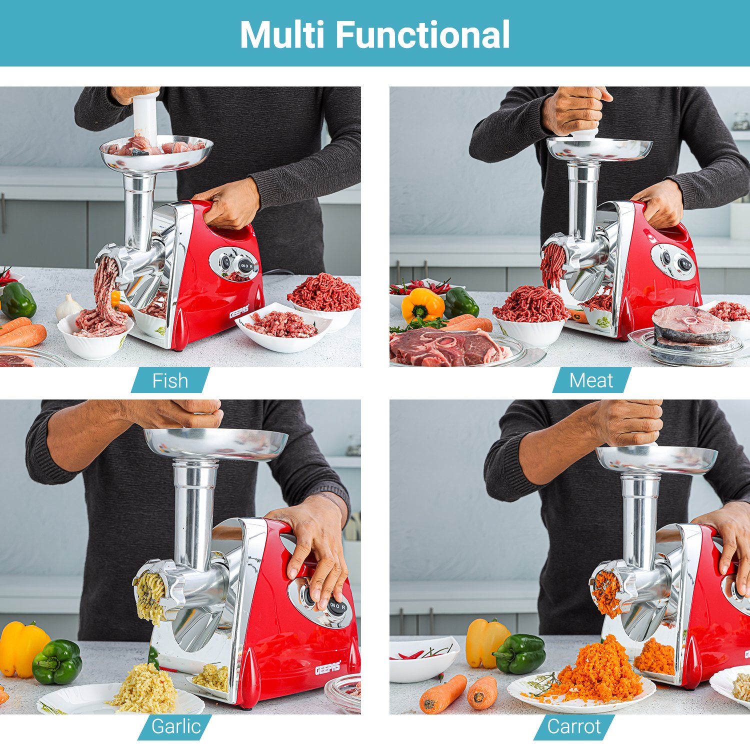 Electric Meat Grinder, 1400W, Red Meat Grinder Geepas | For you. For life.