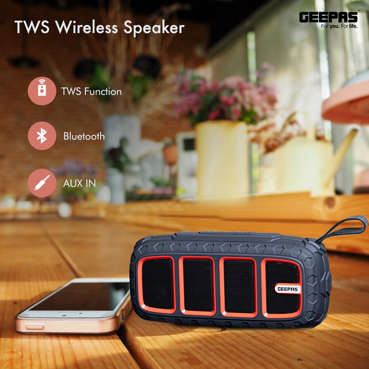 Portable Bluetooth Speaker Rechargeable MP3 Player USB/TF/AUX/FM/TWS Speakers Geepas | For you. For life.