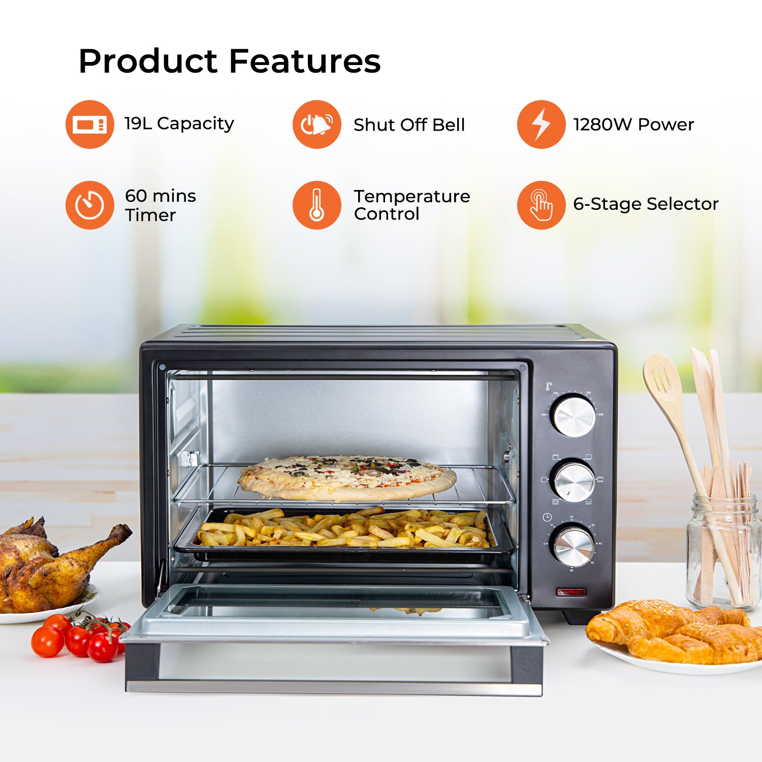 19L Compact Electric Oven With Rotisserie, Bake, Roast & Grill 1280W