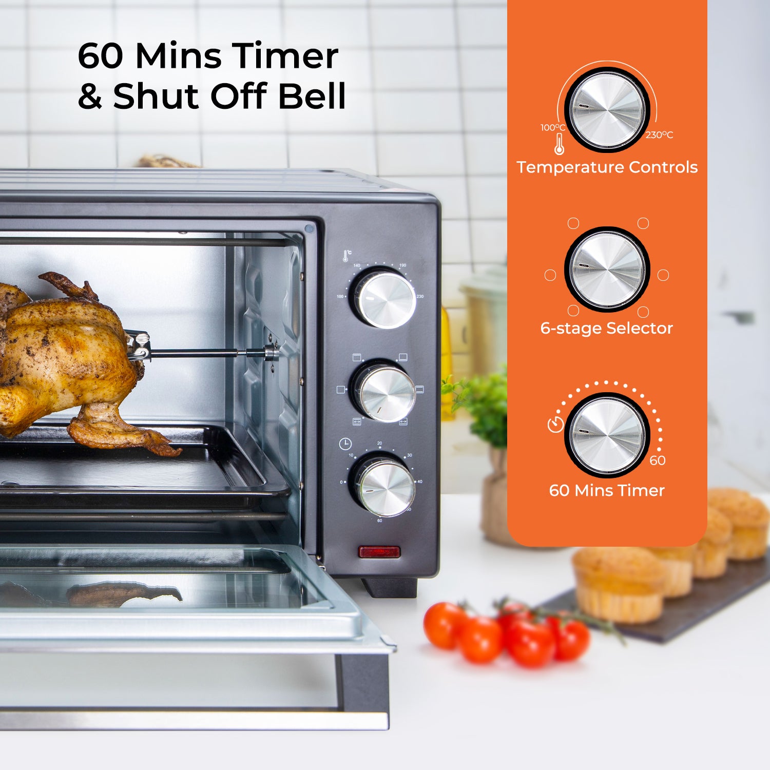 19L Compact Electric Oven With Rotisserie, Bake, Roast & Grill 1280W