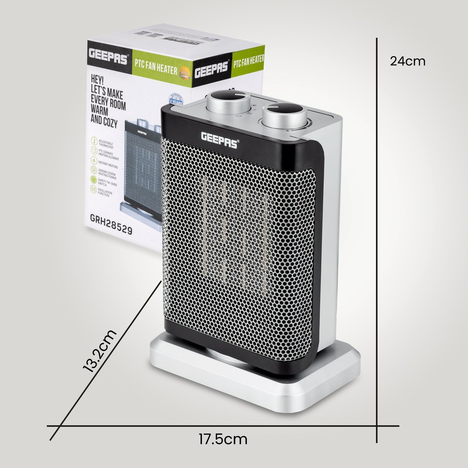 Electric Ceramic PTC Fan Heater - Silver Space Heaters Geepas | For you. For life.