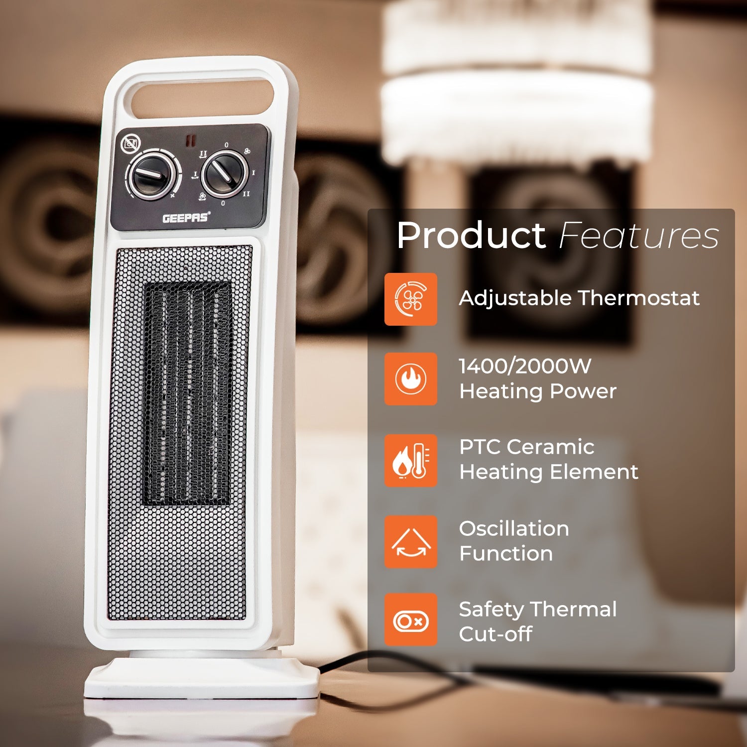 Electric Ceramic PTC Fan Heater - Silver Space Heaters Geepas | For you. For life.