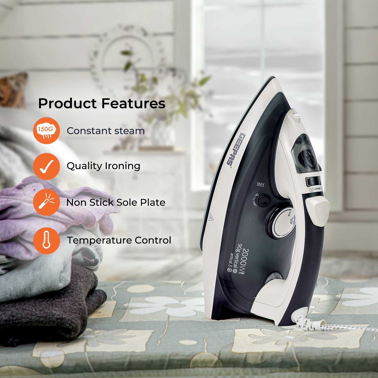 Ceramic Steam Iron 2000W, Temperature Control for Wet/Dry Ironing