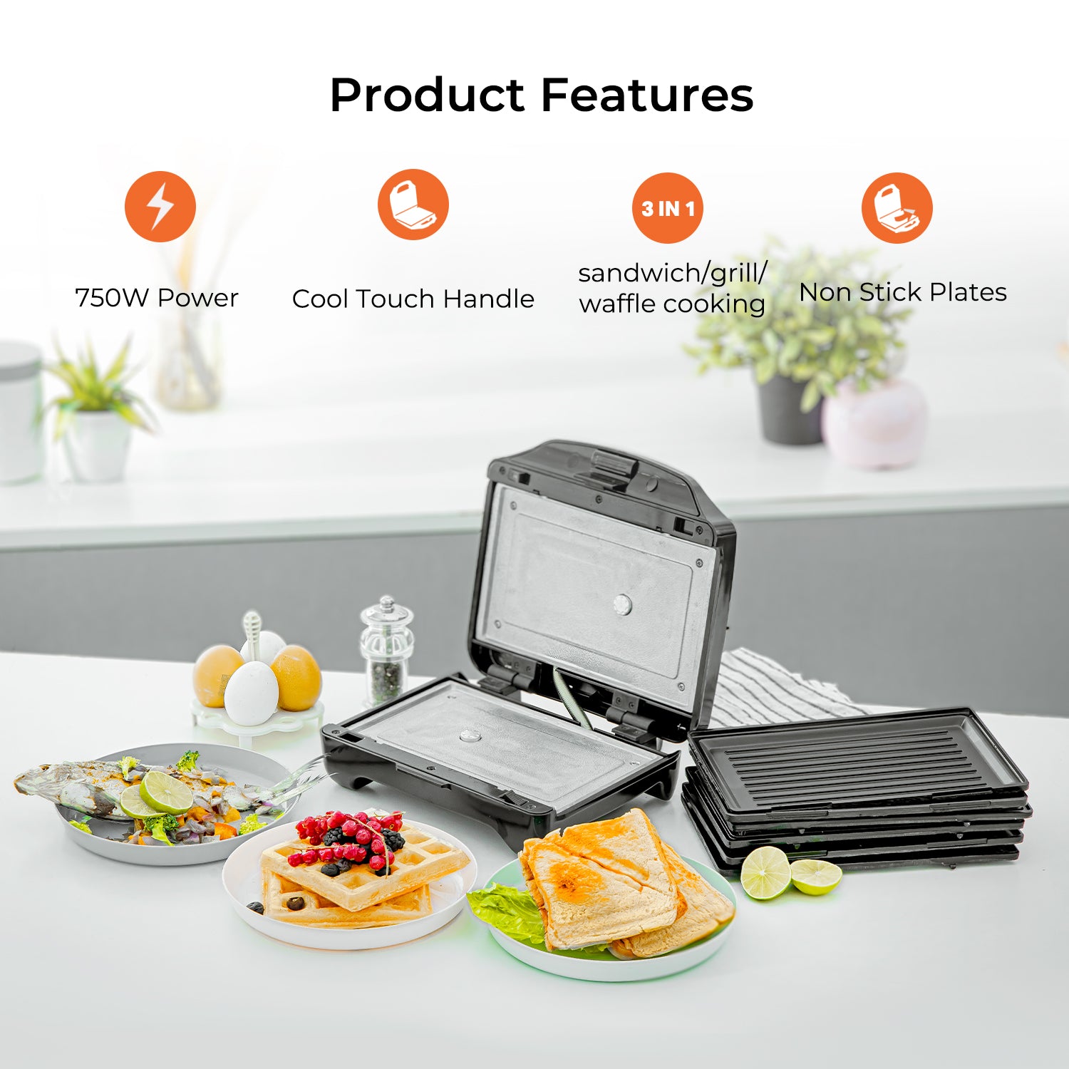 3-in-1 Interchangeable Sandwich Maker, Grill & Waffle Maker