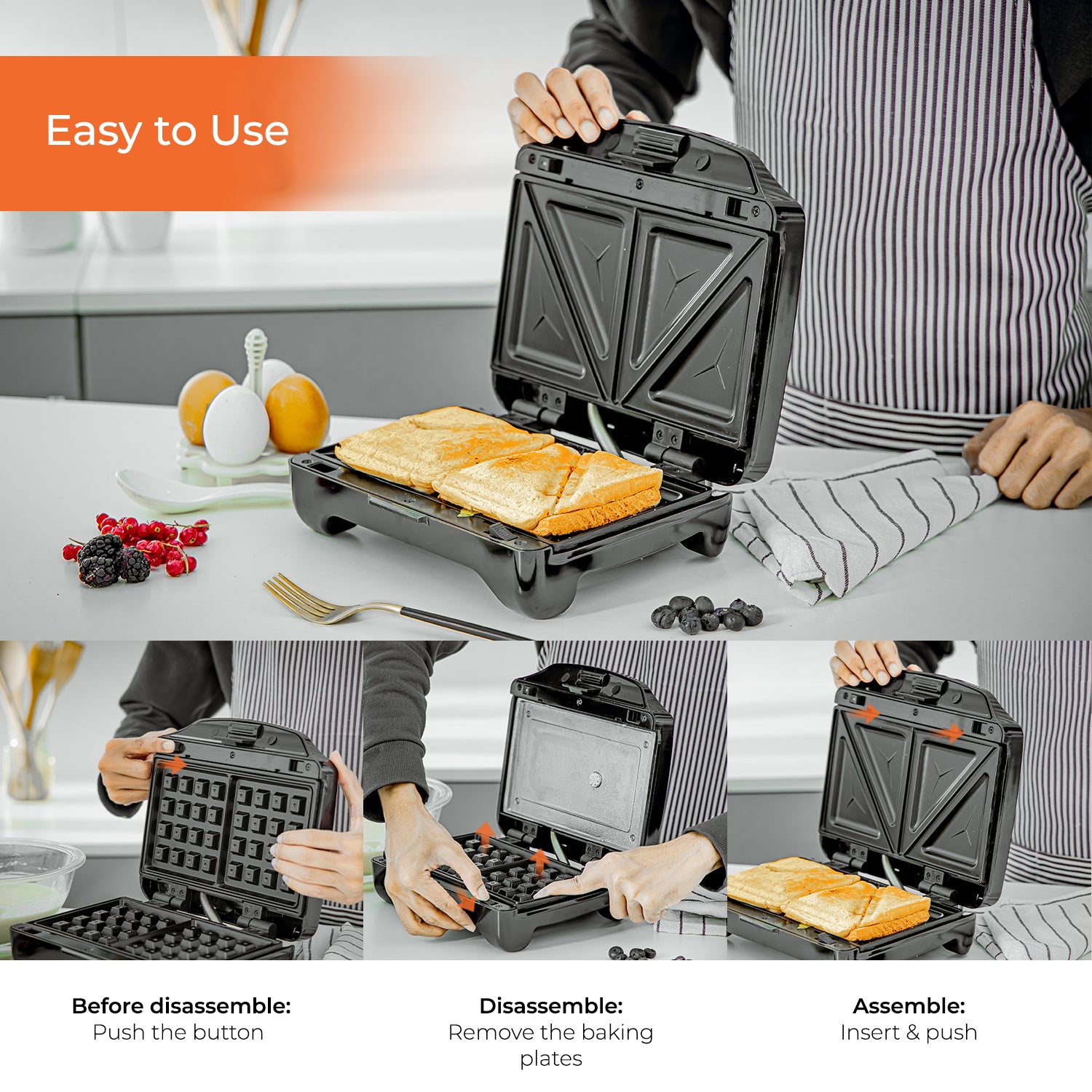 3-in-1 Interchangeable Sandwich Maker, Grill & Waffle Maker