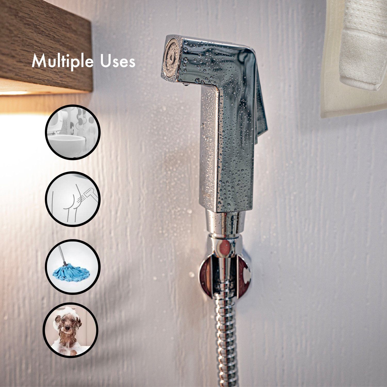 The image shows the multiple uses of the bidet sprayer and shattaf. It can be used for many different purposes such as toilet hygiene, washing and much more.