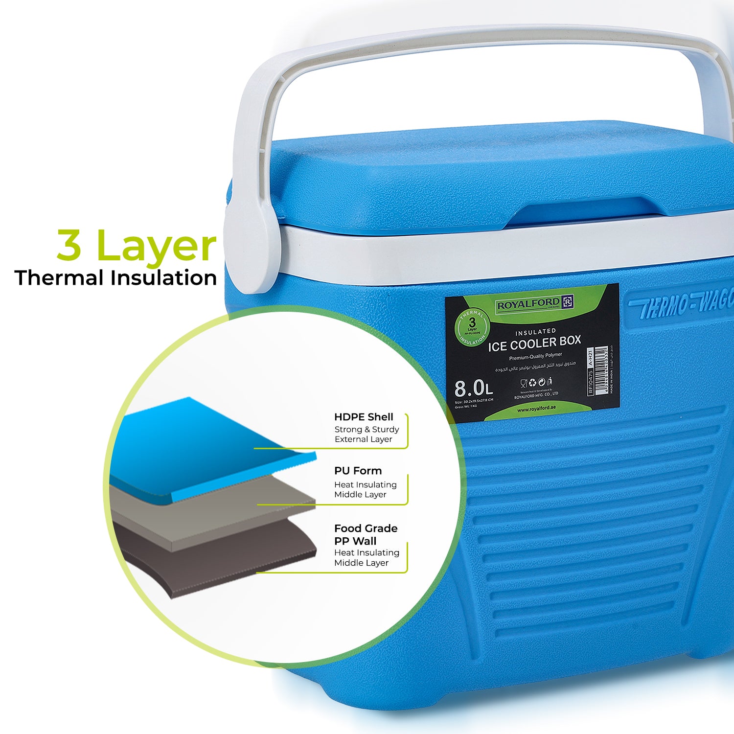 Royalford 8L Blue Insulated Ice Cooler Box Coolers