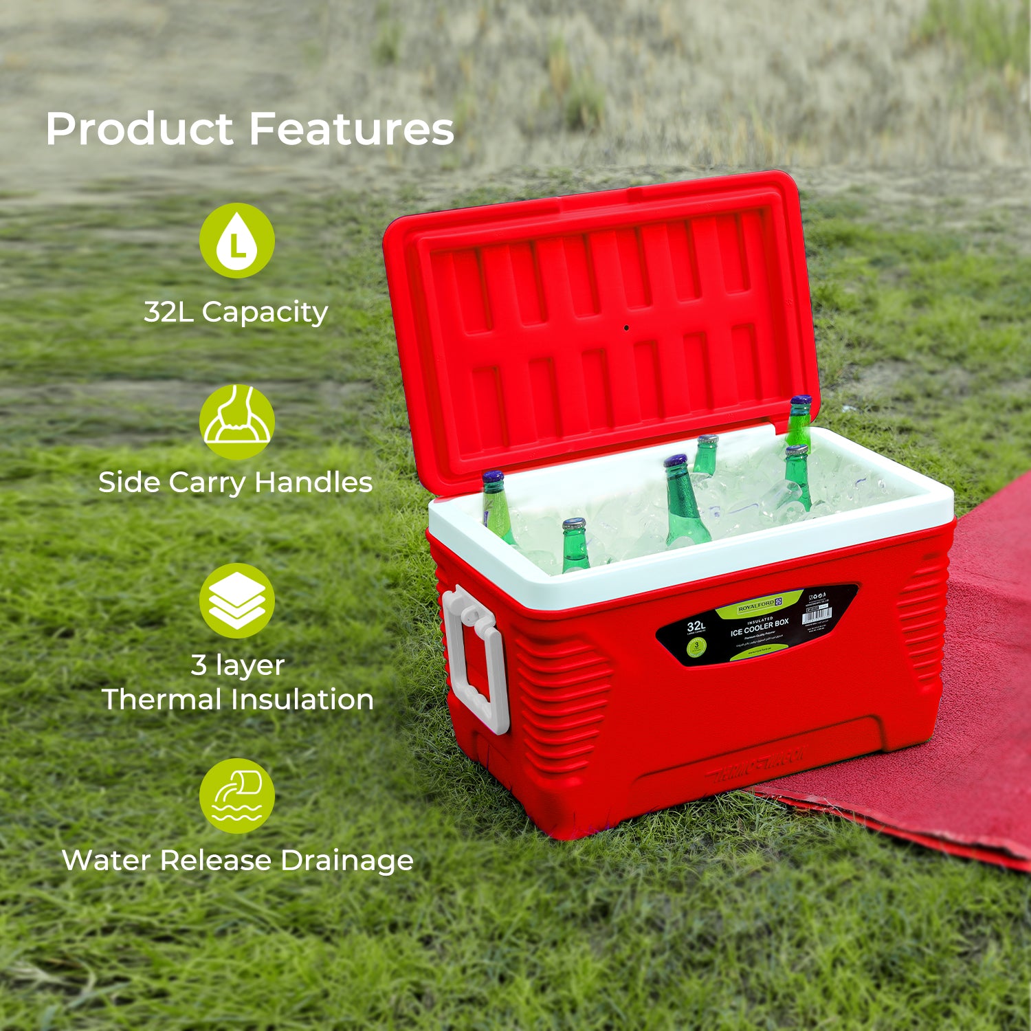 32L Portable Insulated Red Ice Cooler Box