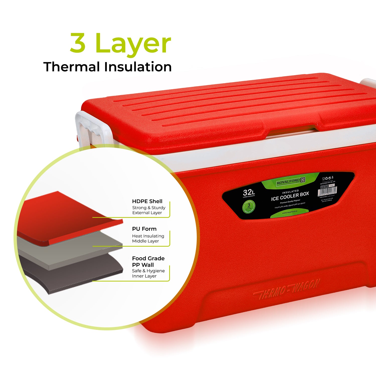 32L Portable Insulated Red Ice Cooler Box