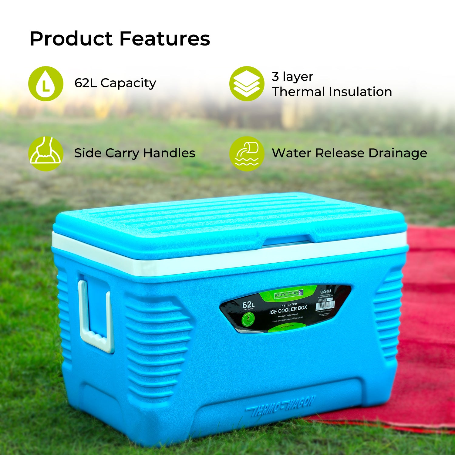 Royalford 62L Blue Insulated Ice Cooler Box Coolers