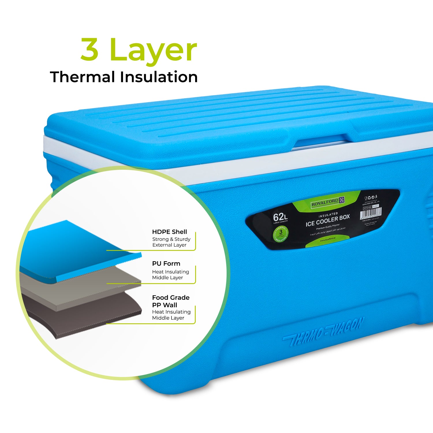 Royalford 62L Blue Insulated Ice Cooler Box Coolers