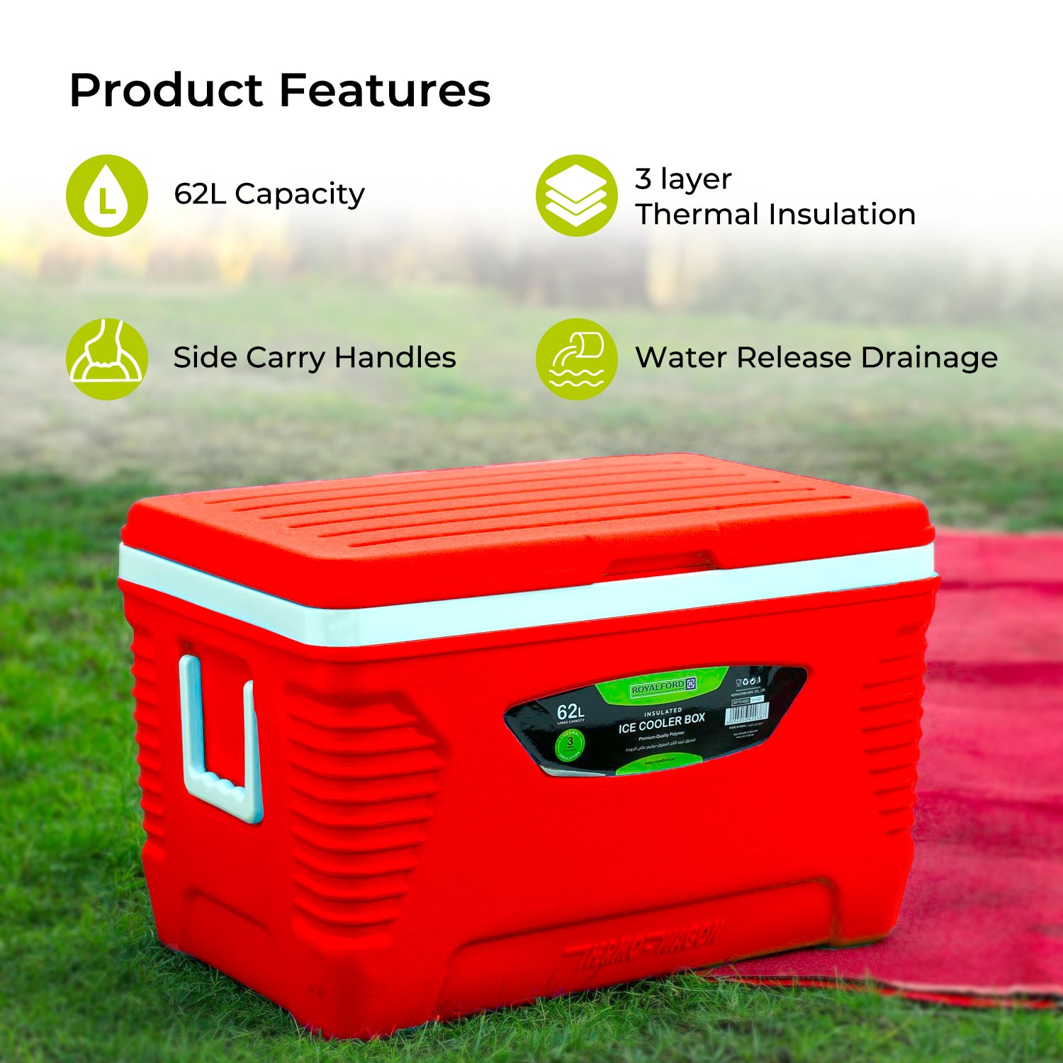 Royalford 62L Red Insulated Ice Cooler Box Coolers