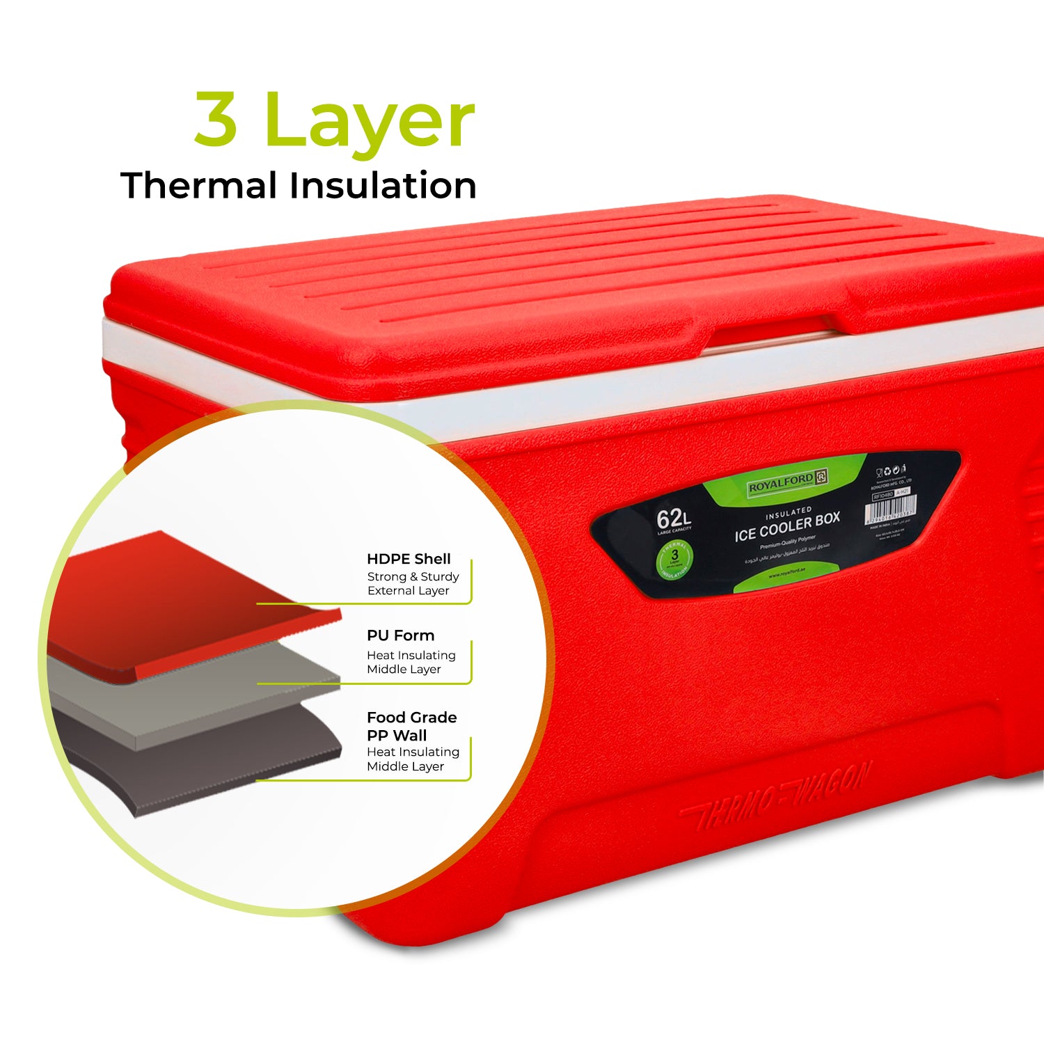 Royalford 62L Red Insulated Ice Cooler Box Coolers