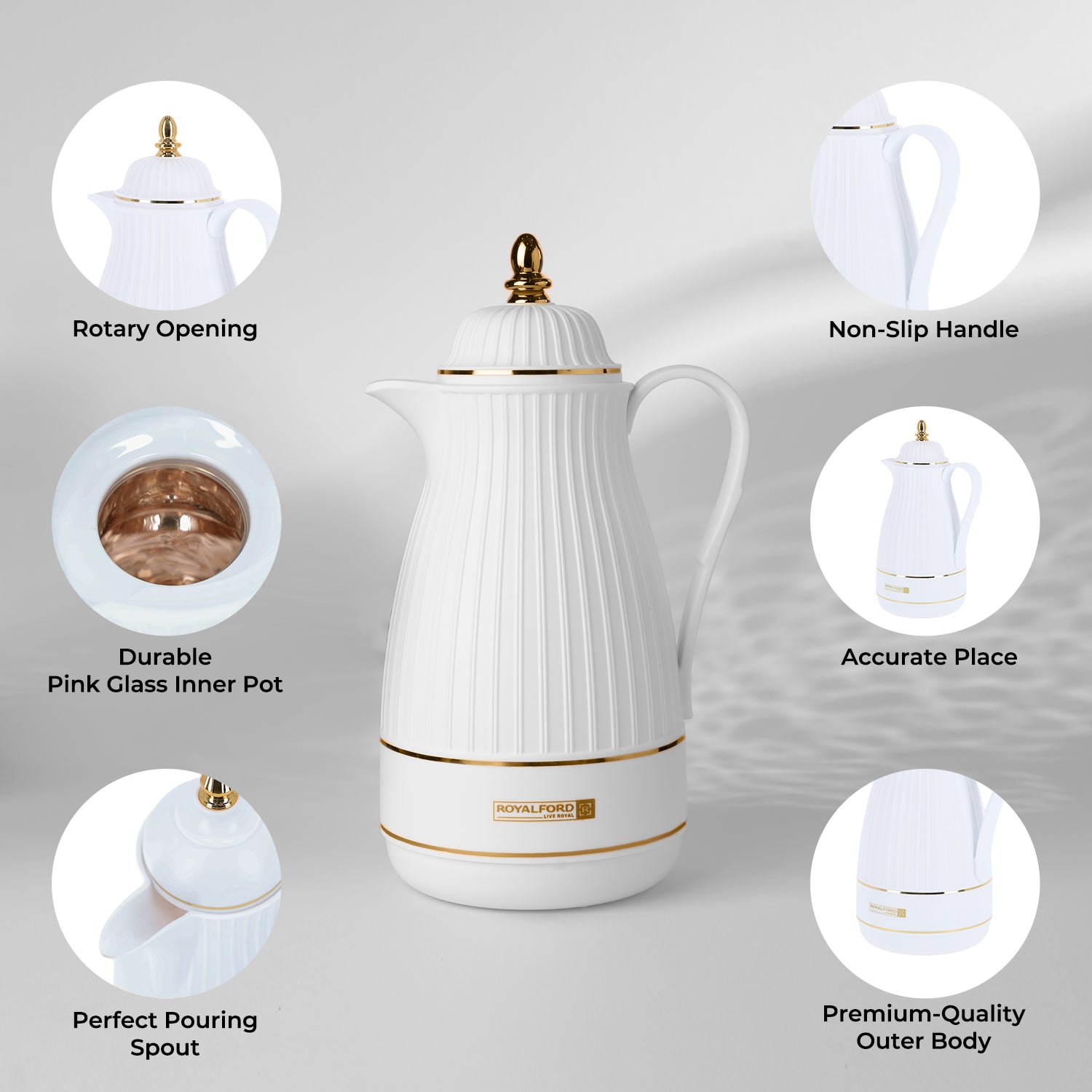 1L White and Gold 'Haya' Vacuum Flask Jug