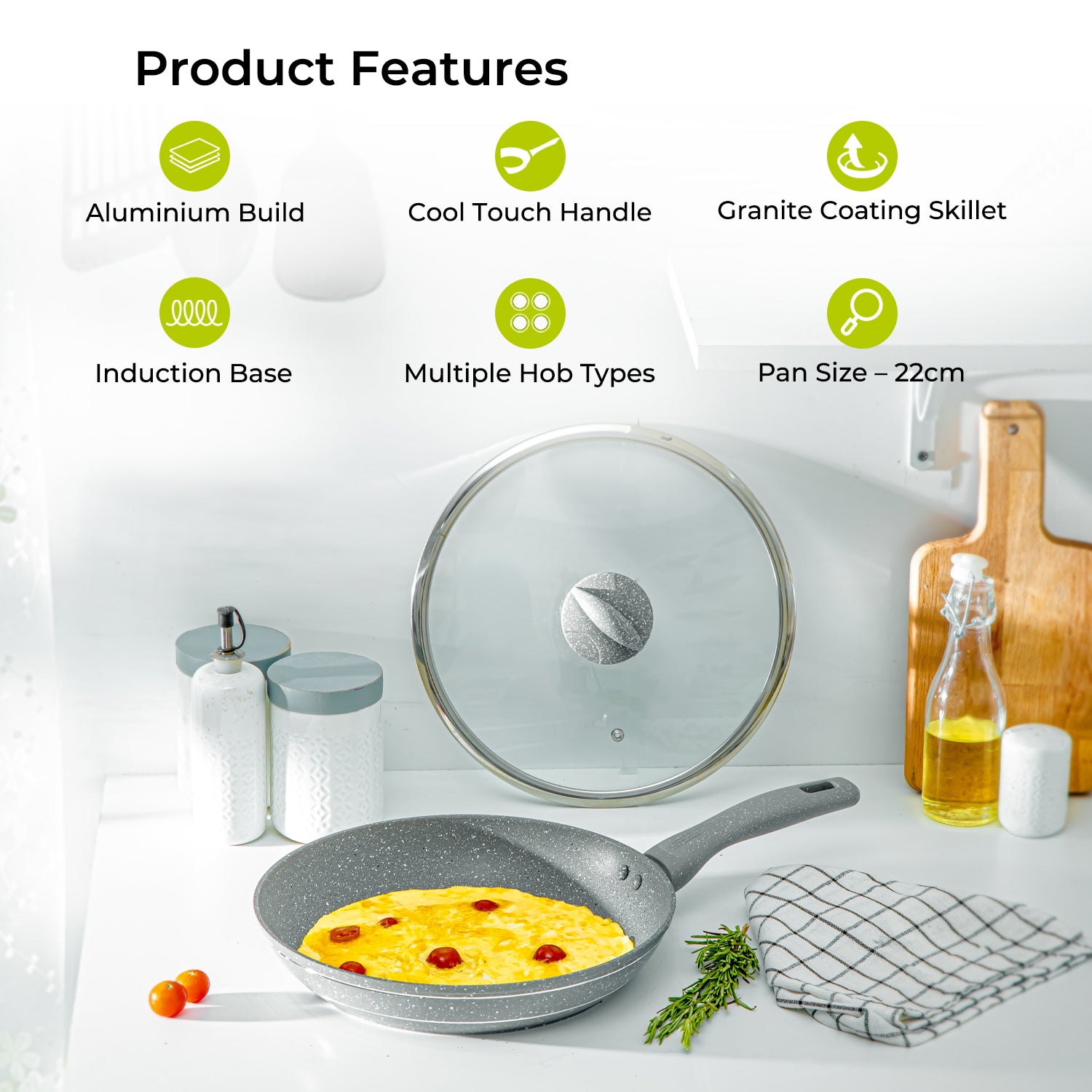 22cm Deep Non-Stick Granite Frying Pan with Glass Lid
