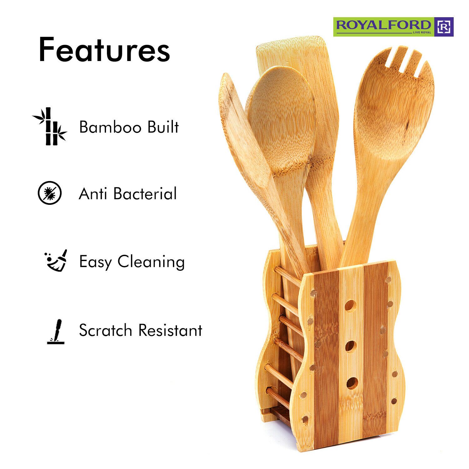 Royalford | Wooden Bamboo Kitchen Utensil Set Royalford