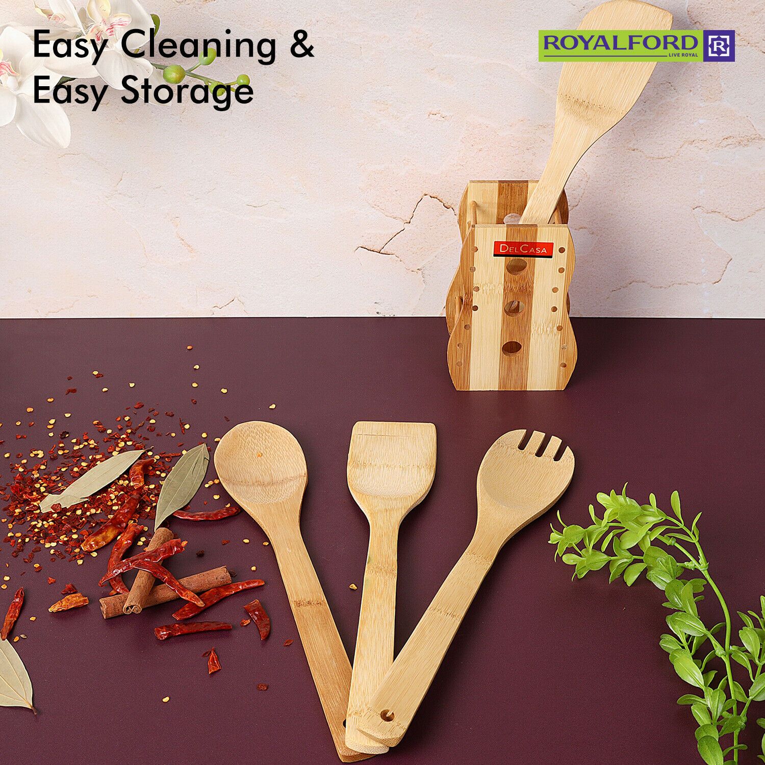 Royalford | Wooden Bamboo Kitchen Utensil Set Royalford