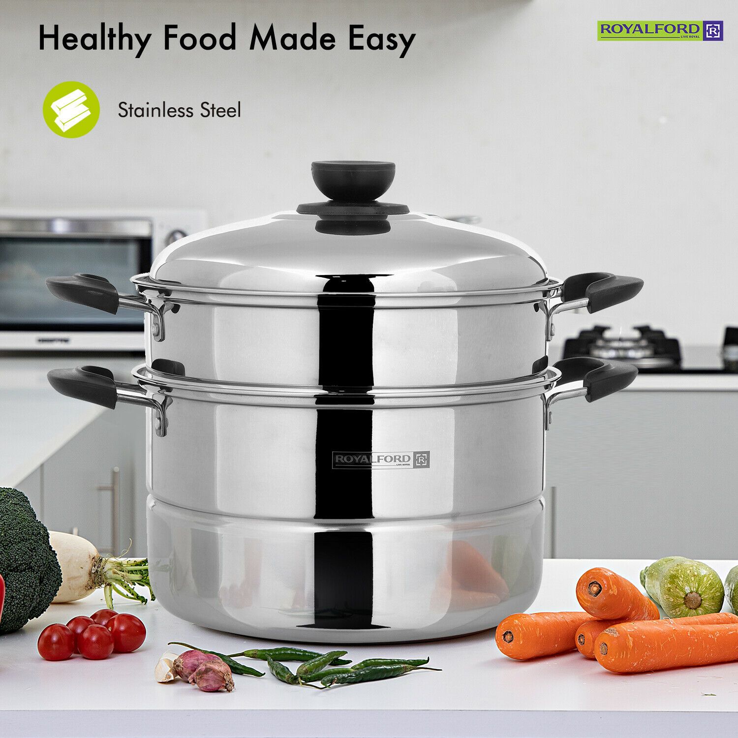 26cm Large 3 Tier Stainless Steel Steam Cooker by Royalford Stock Pots Royalford