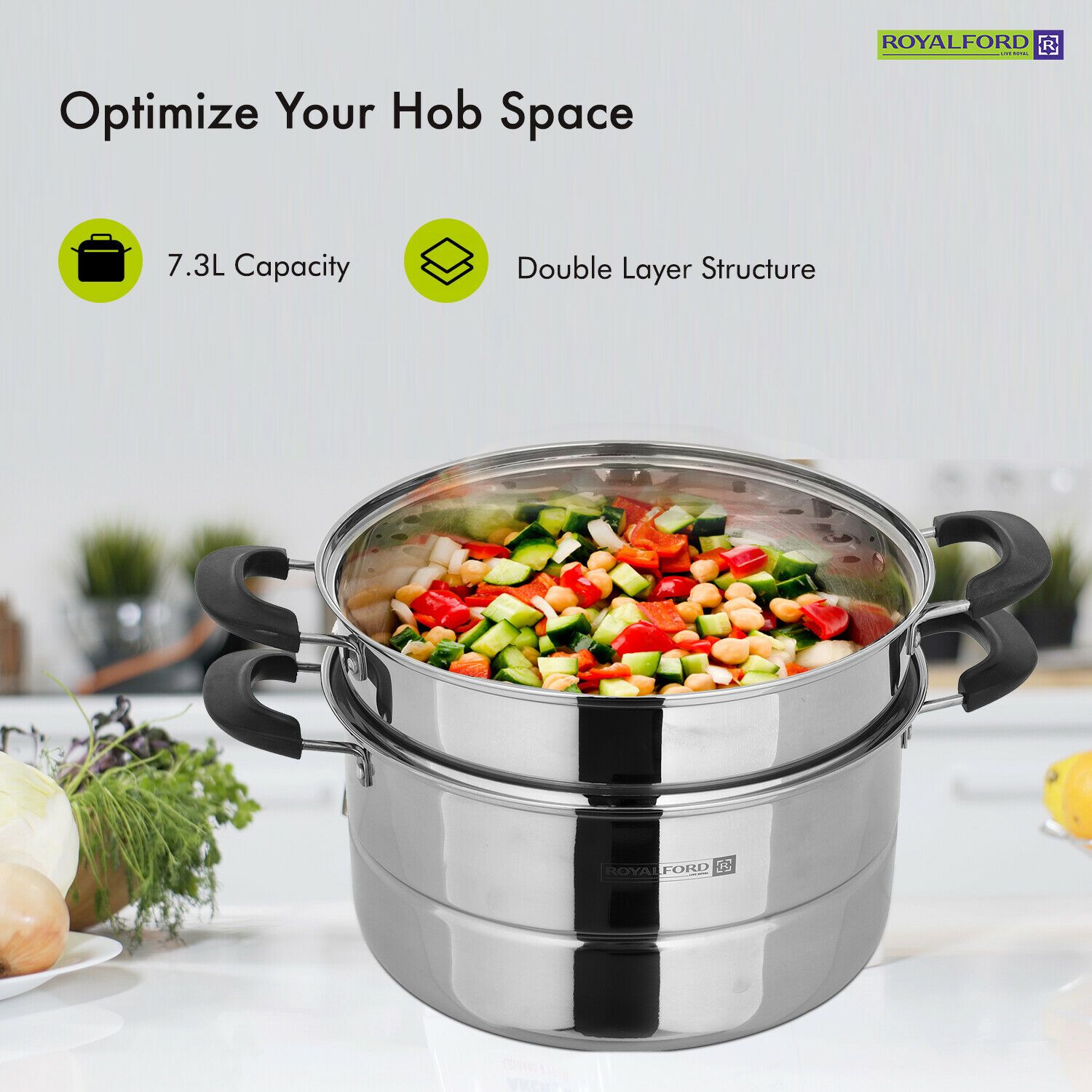 26cm Large 3 Tier Stainless Steel Steam Cooker by Royalford Stock Pots Royalford