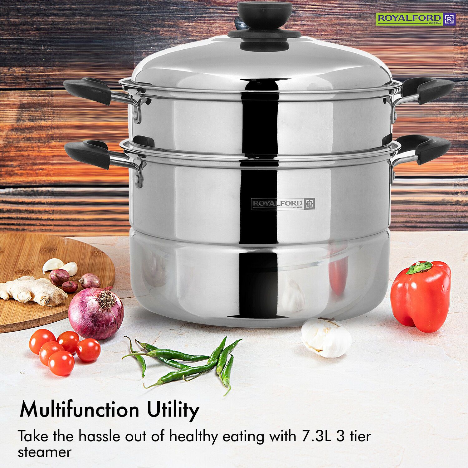 26cm Large 3 Tier Stainless Steel Steam Cooker by Royalford Stock Pots Royalford
