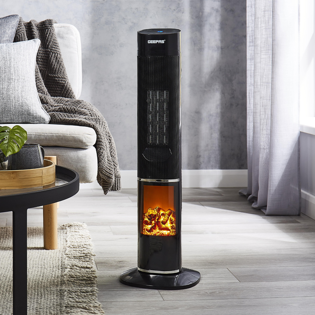 The image shows off the 3D fan heater in a living room environment, the electric heater is energy efficient with different living room furniture around such as a sofa and a coffee table.