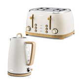 White toaster and kettle set with wooden handles on a white background