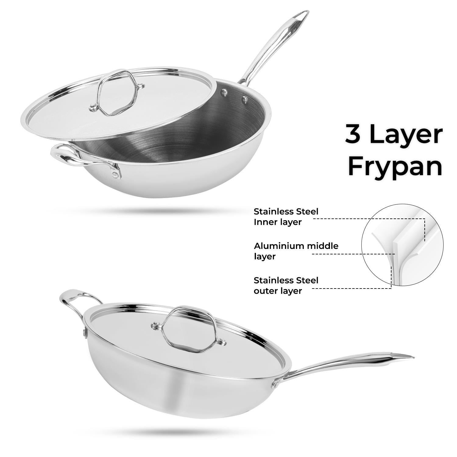 30cm Triply Stainless Steel Wok Pan With Lid