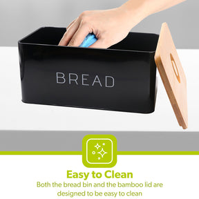 Black Metal Bread Bin With Wooden Chopping Board