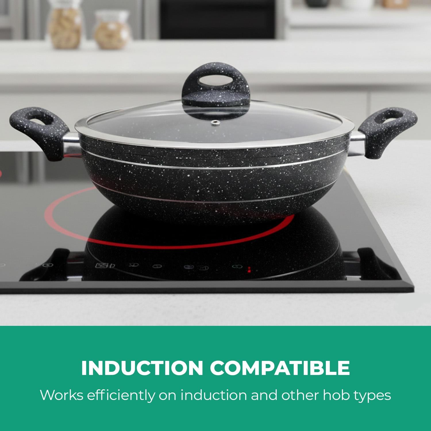 Wok Pan Frying Pan Glass Lid Non-Stick Granite Coating 26Cm