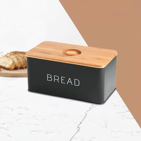 Black Metal Bread Bin With Wooden Chopping Board