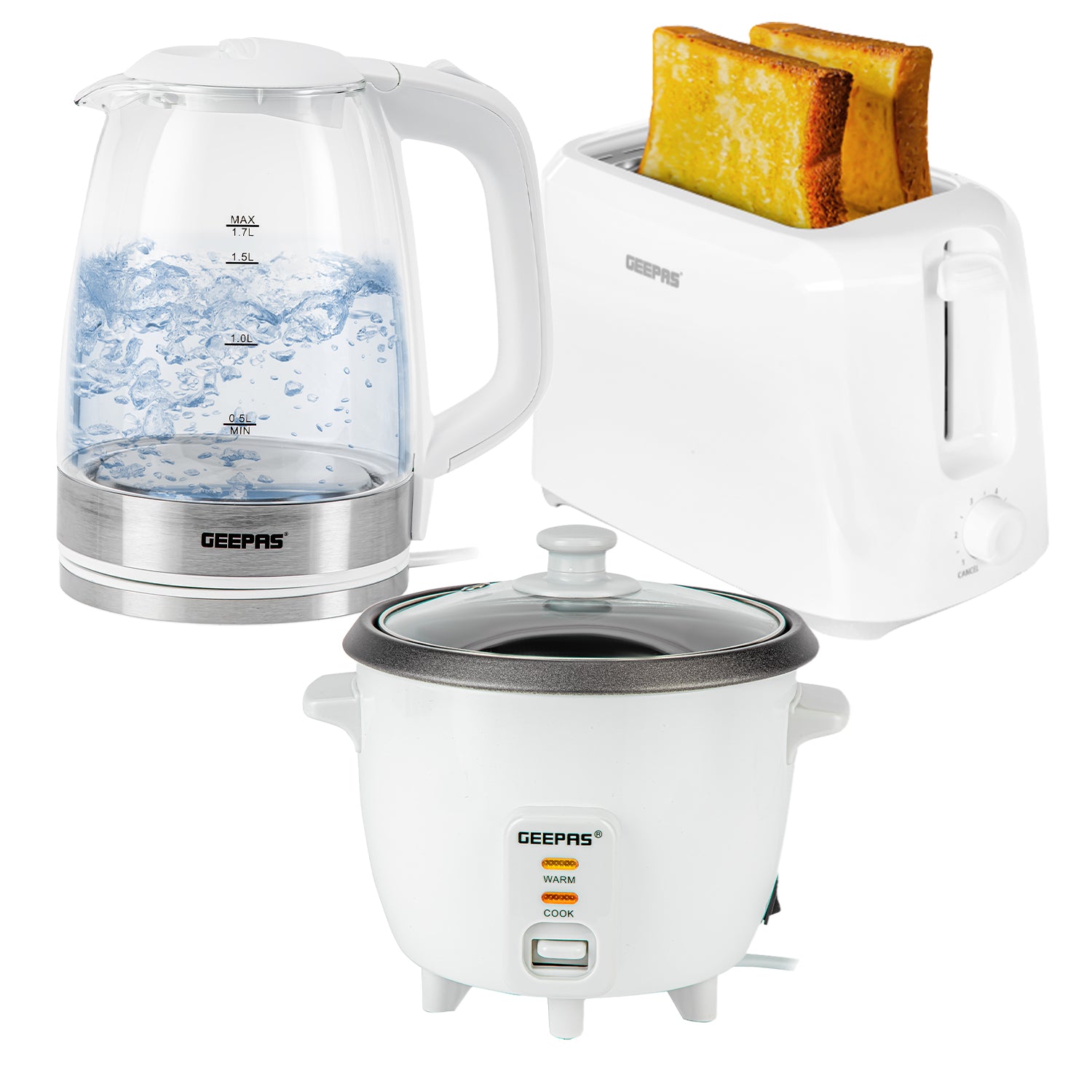 3-Piece Kitchen Bundle In White - Kettle, Toaster, Rice Cooker