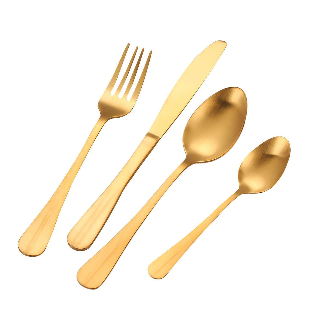 The image shows off the gold plated cutlery set on a white background with one fork, spoon, small spoon and a butter knife