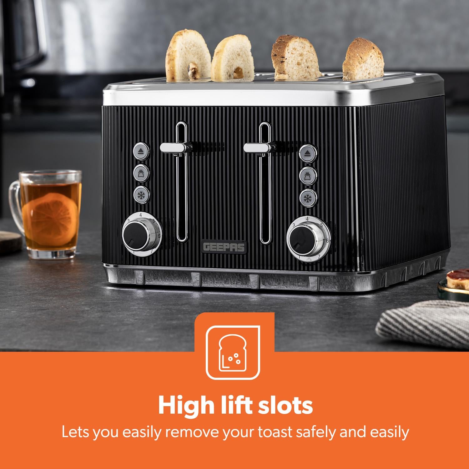 4 Slice Toaster 7 Browning, Defrost, Reheat Function 1860W Arcus Black