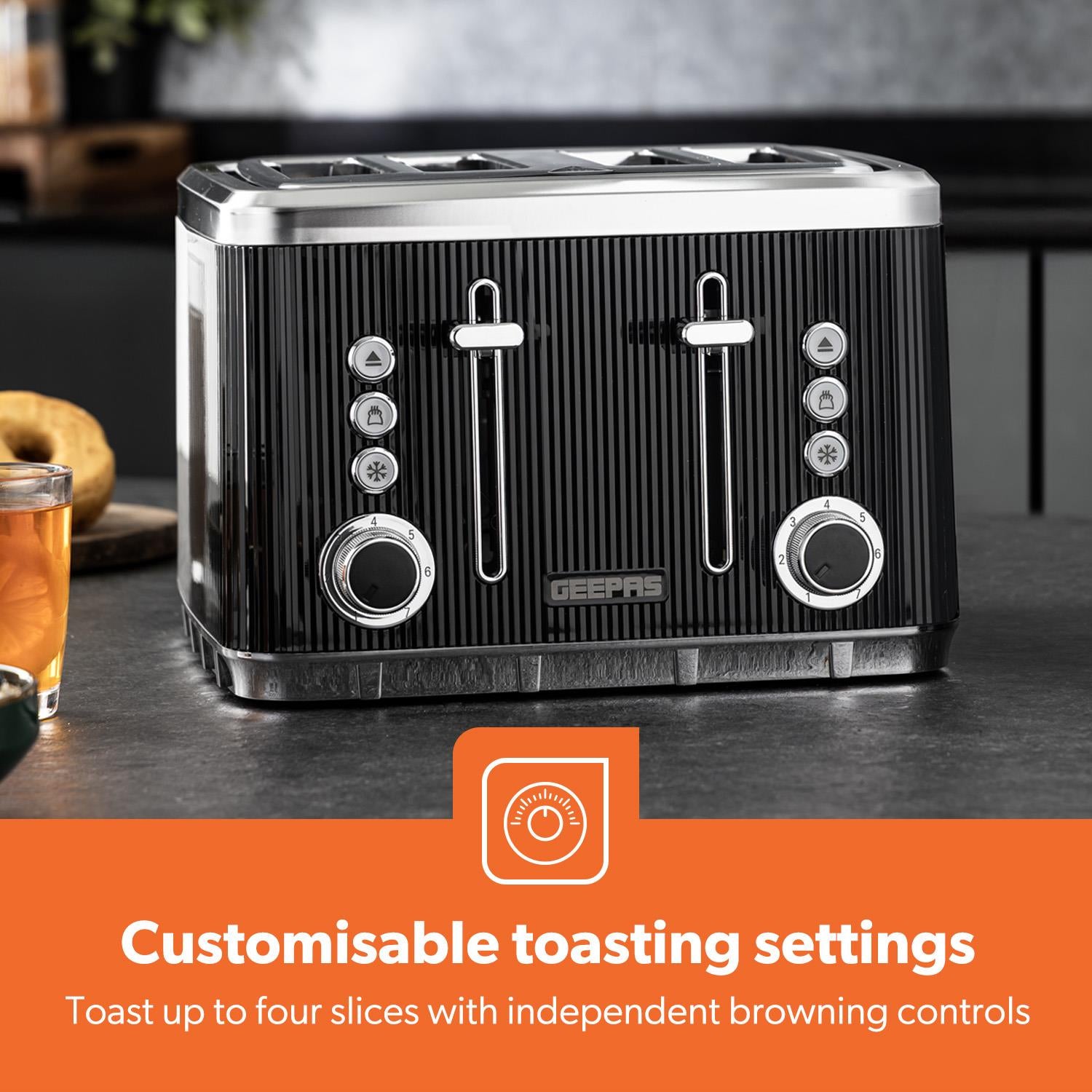 4 Slice Toaster 7 Browning, Defrost, Reheat Function 1860W Arcus Black