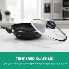 Wok Pan Frying Pan Glass Lid Non-Stick Granite Coating 28Cm