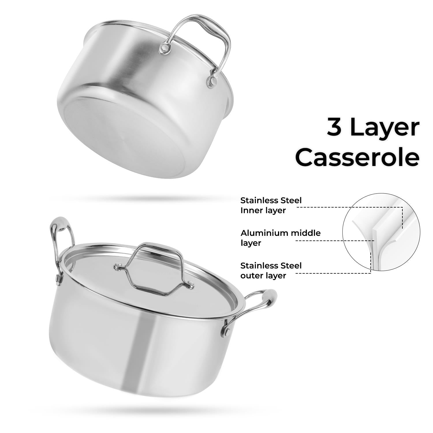 24cm Triply Stainless Steel Casserole Dish With Lid