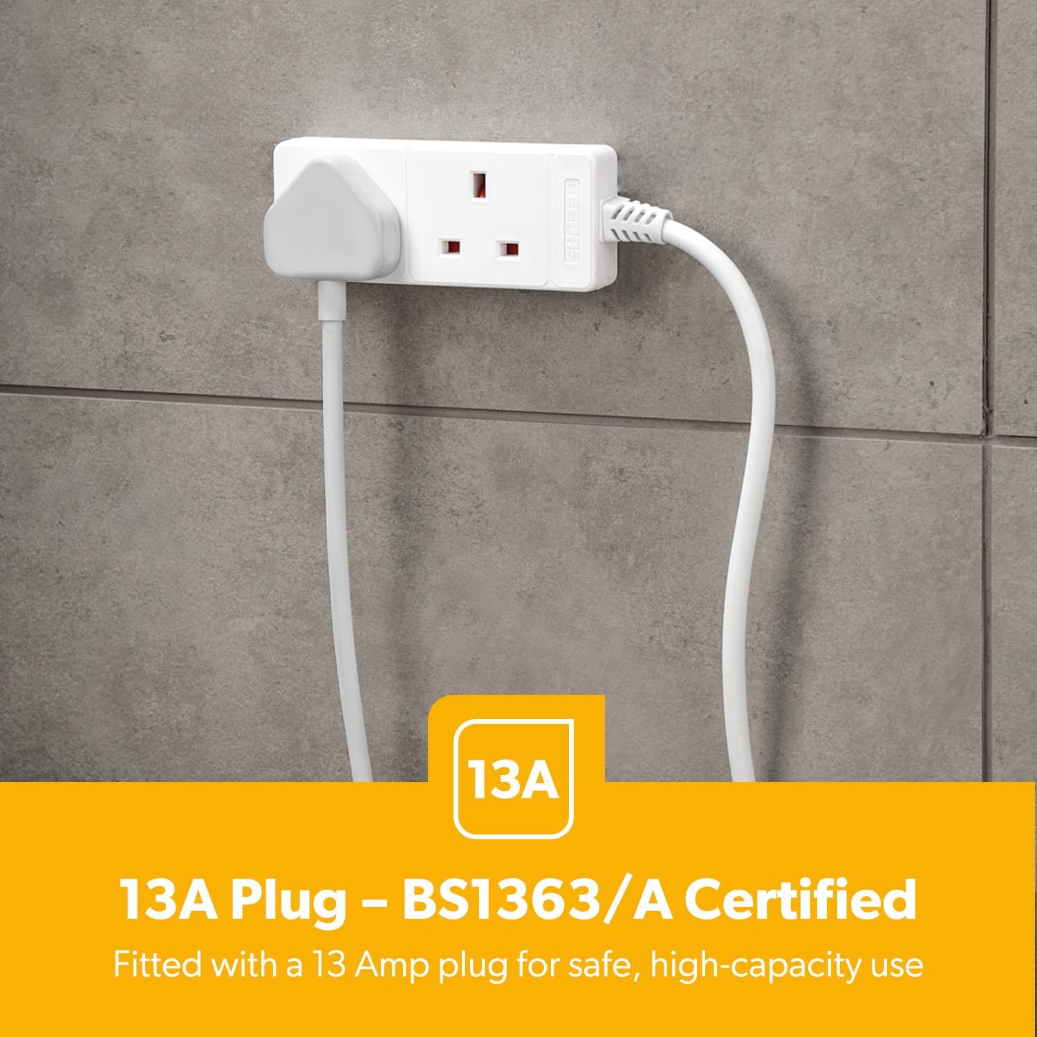 2 Gang Extension Lead 1M Cable Heavy-Duty UK Plug White